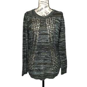 Olive & Oak (S) Marled Varied Texture Loose Open Knit Panel Crew Neck Sweater